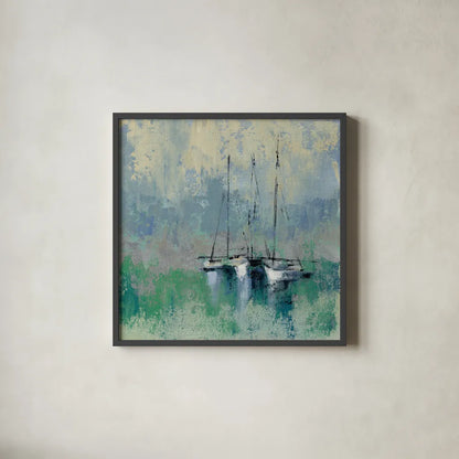 Boats in the Harbor II by Silvia Vassileva. Shown in a sleek black glass frame for a contemporary gallery look. Available as an archival giclee rolled canvas, fine art paper, or poster print. SKU 33971a.