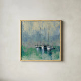Boats in the Harbor II by Silvia Vassileva. Shown in a natural wood glass frame for a timeless modern aesthetic. Available as an archival giclee rolled canvas, fine art paper, or poster print. SKU 33971a.