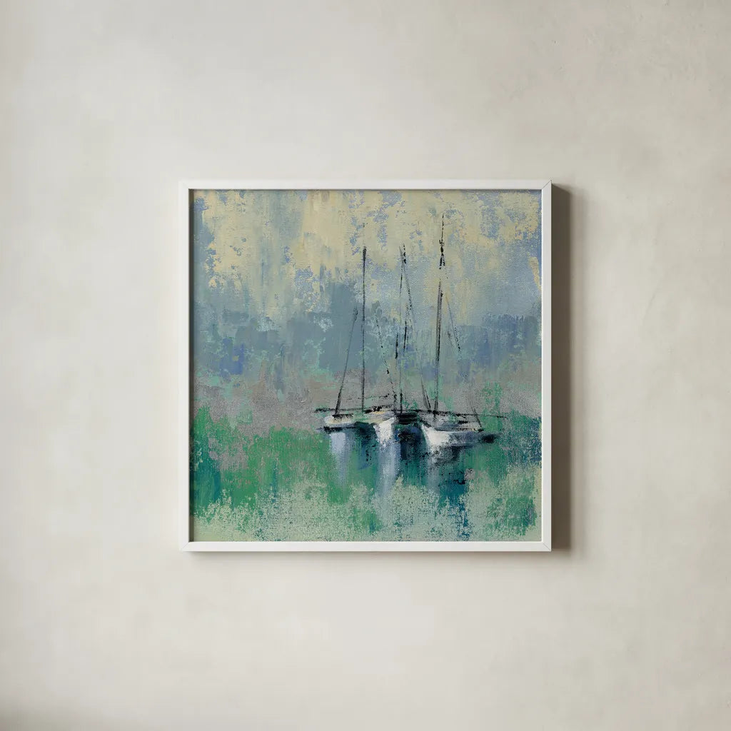 Boats in the Harbor II by Silvia Vassileva. Shown in a crisp white glass frame for a clean and minimalist style. Available as an archival giclee rolled canvas, fine art paper, or poster print. SKU 33971a.