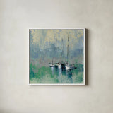 Boats in the Harbor II by Silvia Vassileva. Shown in a crisp white glass frame for a clean and minimalist style. Available as an archival giclee rolled canvas, fine art paper, or poster print. SKU 33971a.