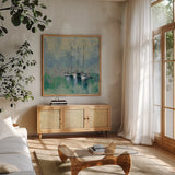 Boats in the Harbor II by Silvia Vassileva. Shown in a natural wood frame in a cozy modern living room. Available as an archival giclee rolled canvas, fine art paper, or poster print. SKU 33971a.