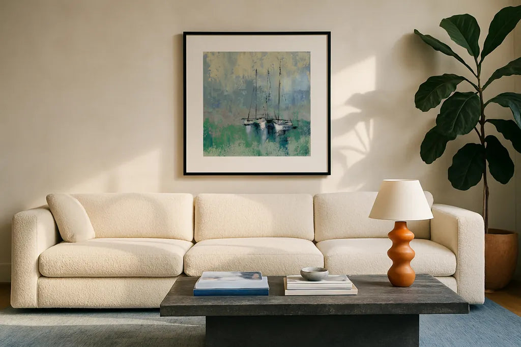 Boats in the Harbor II by Silvia Vassileva. Displayed in a glass frame with matte in a clean modern living room. Available as an archival giclee rolled canvas, fine art paper, or poster print. SKU 33971a.