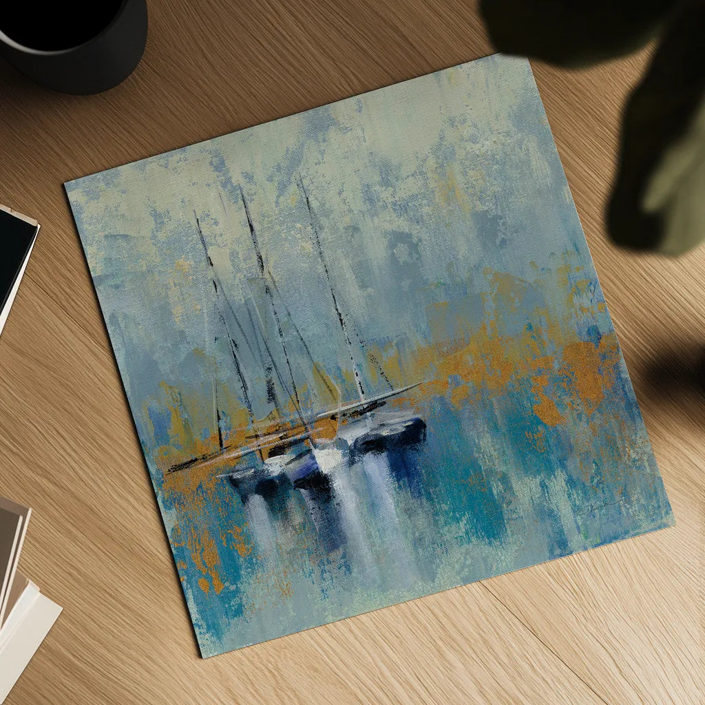 Boats in the Harbor III by Silvia Vassileva. Shown as a detailed flat fine art print, highlighting archival giclee quality. Available as an archival giclee rolled canvas, fine art paper, or poster print. SKU 33972a.