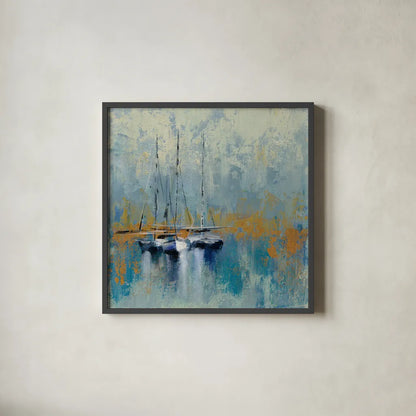 Boats in the Harbor III by Silvia Vassileva. Shown in a sleek black glass frame for a contemporary gallery look. Available as an archival giclee rolled canvas, fine art paper, or poster print. SKU 33972a.