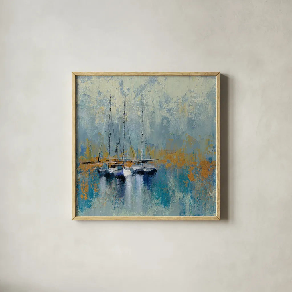 Boats in the Harbor III by Silvia Vassileva. Shown in a natural wood glass frame for a timeless modern aesthetic. Available as an archival giclee rolled canvas, fine art paper, or poster print. SKU 33972a.