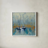 Boats in the Harbor III by Silvia Vassileva. Shown in a crisp white glass frame for a clean and minimalist style. Available as an archival giclee rolled canvas, fine art paper, or poster print. SKU 33972a.