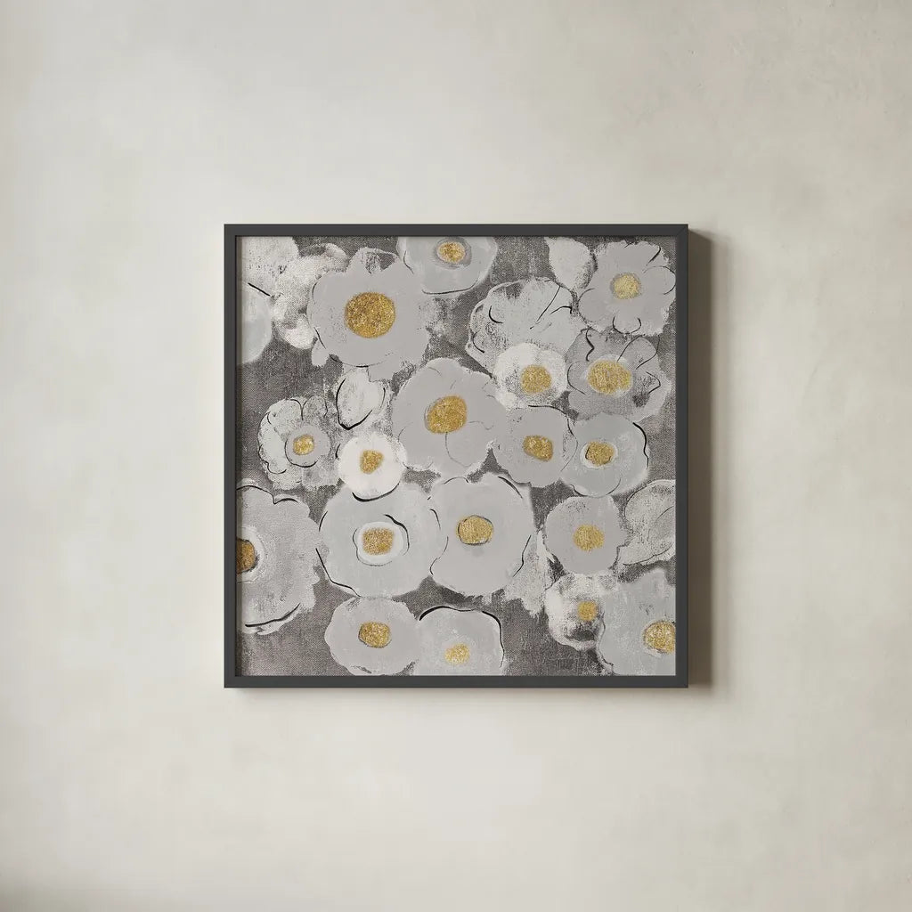 Bohemian Bouquet II Warm by Silvia Vassileva. Shown in a sleek black glass frame for a contemporary gallery look. Available as an archival giclee rolled canvas, fine art paper, or poster print. SKU 31557a.