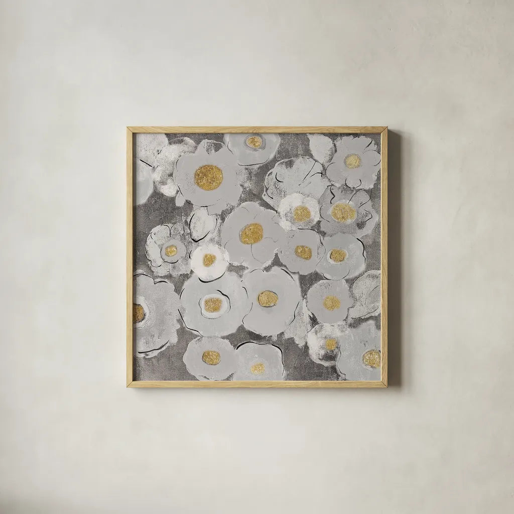 Bohemian Bouquet II Warm by Silvia Vassileva. Shown in a natural wood glass frame for a timeless modern aesthetic. Available as an archival giclee rolled canvas, fine art paper, or poster print. SKU 31557a.