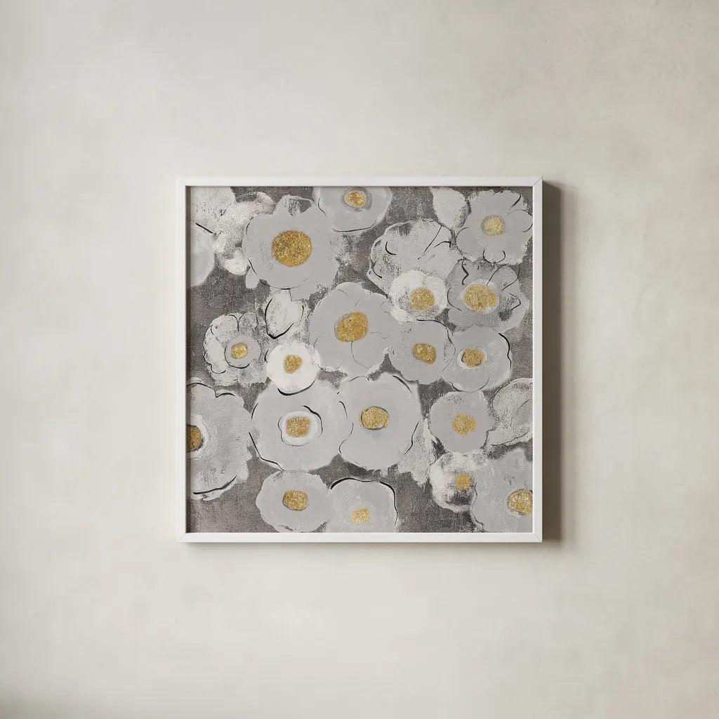 Bohemian Bouquet II Warm by Silvia Vassileva. Shown in a crisp white glass frame for a clean and minimalist style. Available as an archival giclee rolled canvas, fine art paper, or poster print. SKU 31557a.