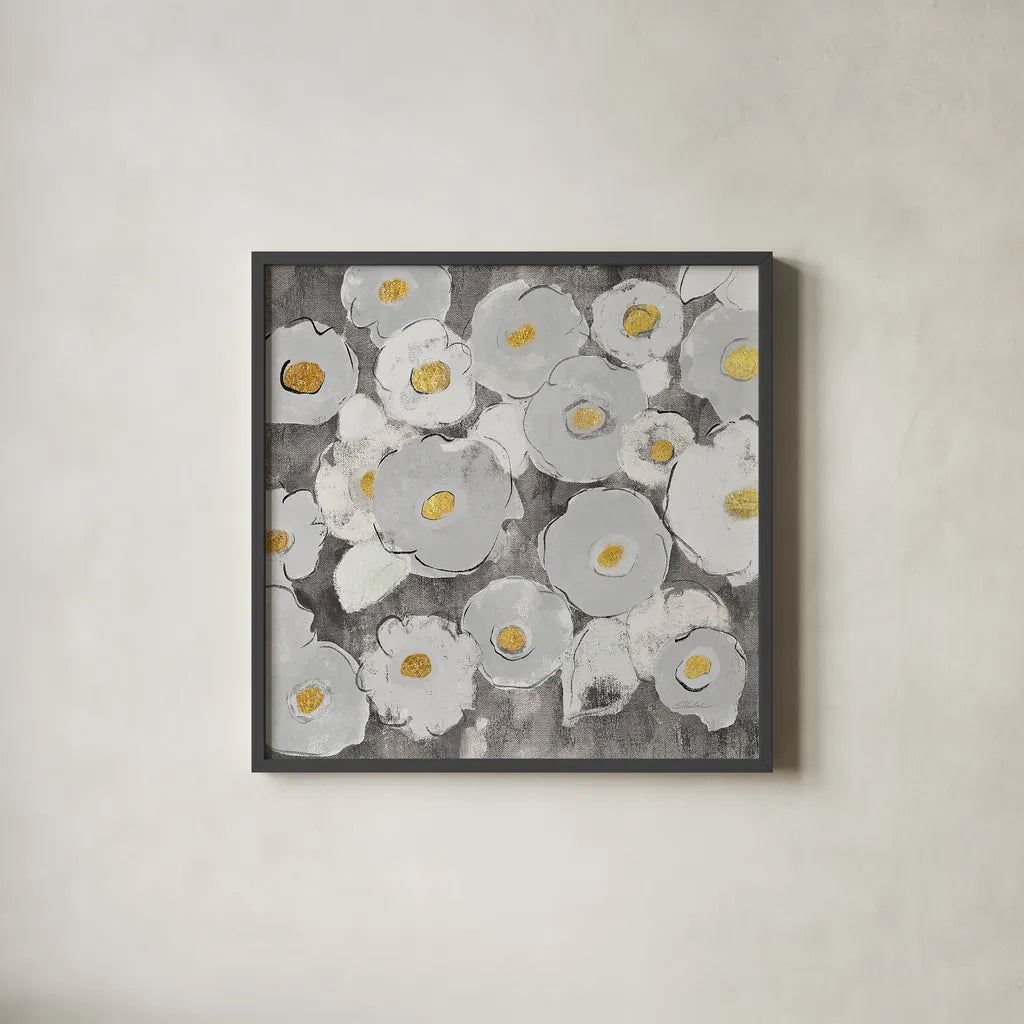 Bohemian Bouquet III Warm by Silvia Vassileva. Shown in a sleek black glass frame for a contemporary gallery look. Available as an archival giclee rolled canvas, fine art paper, or poster print. SKU 31558a.