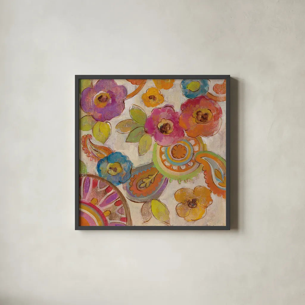 Bohemian Summer III by Silvia Vassileva. Shown in a sleek black glass frame for a contemporary gallery look. Available as an archival giclee rolled canvas, fine art paper, or poster print. SKU 24579a.