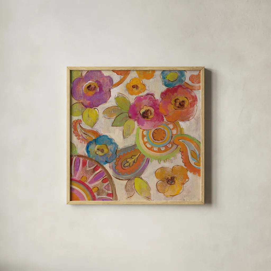 Bohemian Summer III by Silvia Vassileva. Shown in a natural wood glass frame for a timeless modern aesthetic. Available as an archival giclee rolled canvas, fine art paper, or poster print. SKU 24579a.