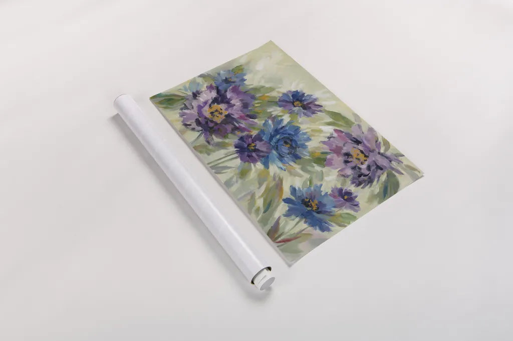 Bold Blue and Lavender Flowers by Silvia Vassileva. shown as a rolled paper print. Available as archival giclee rolled canvas, fine art paper, or poster print. SKU 55650i.