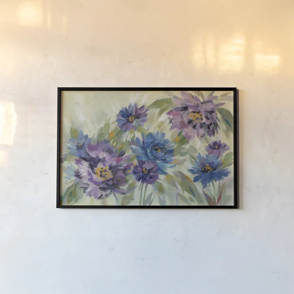 Bold Blue and Lavender Flowers by Silvia Vassileva. shown as a paper print in a black flame. Available as a archival giclee rolled canvas, fine art paper, or poster print. SKU 55650i.