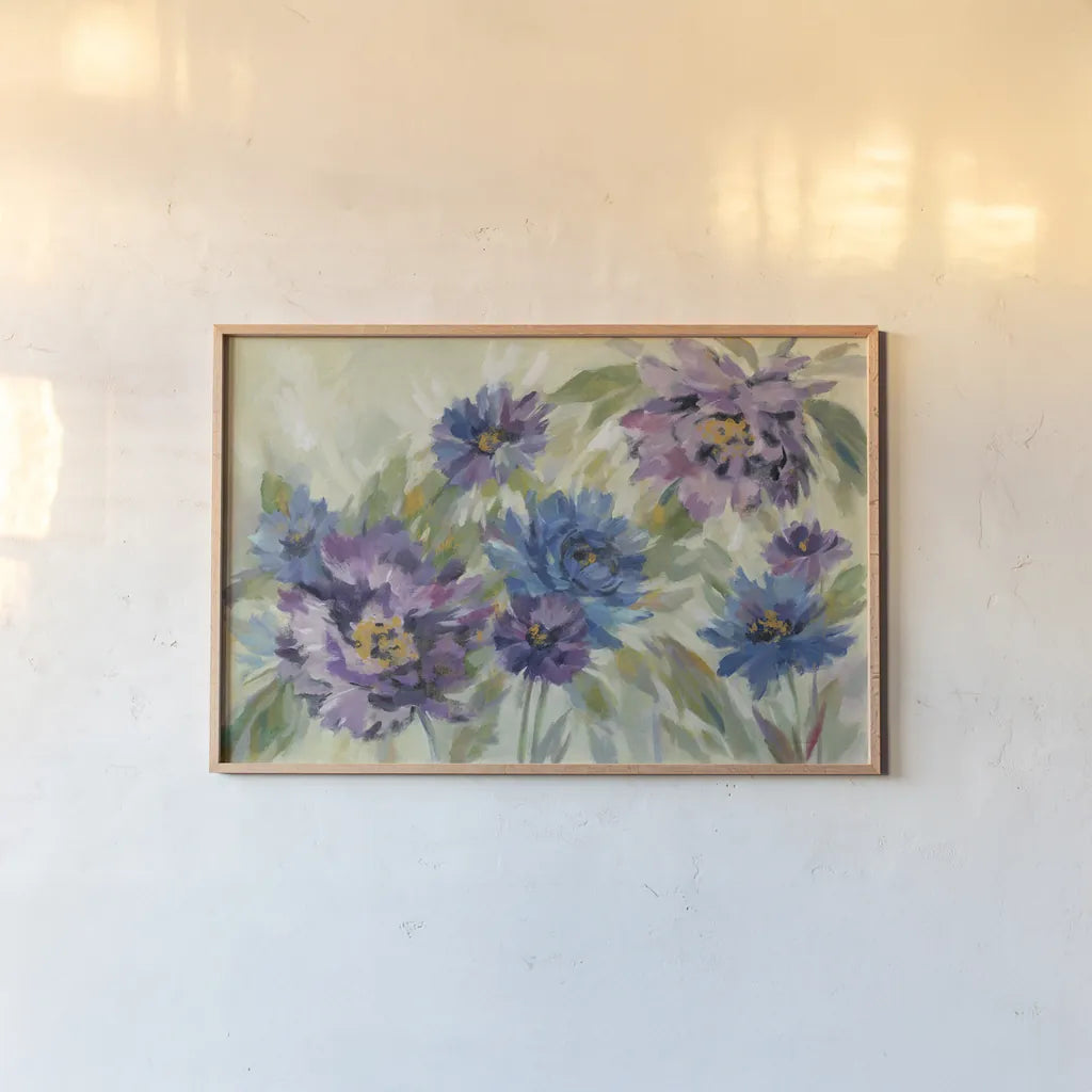 Bold Blue and Lavender Flowers by Silvia Vassileva. shown as a paper print in a natural frame. Available as a archival giclee rolled canvas, fine art paper, or poster print. SKU 55650i.