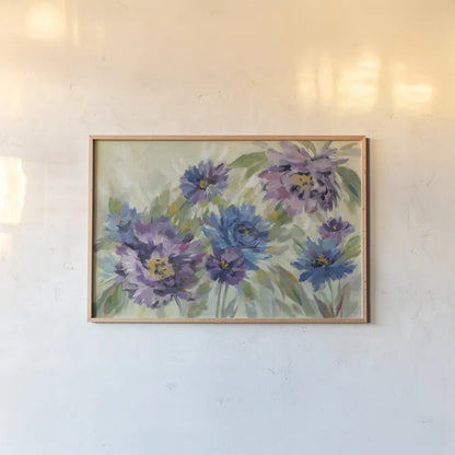 Bold Blue and Lavender Flowers by Silvia Vassileva. shown as a paper print in a natural frame. Available as a archival giclee rolled canvas, fine art paper, or poster print. SKU 55650i.