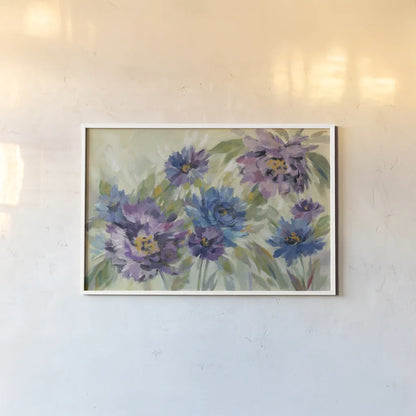 Bold Blue and Lavender Flowers by Silvia Vassileva. shown as a paper print in a white frame. Available as a archival giclee rolled canvas, fine art paper, or poster print. SKU 55650i.