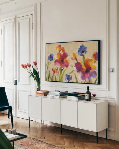 Bold Bright Flowers I by Silvia Vassileva. shown as a framed stretched canvas in a living room above a console. Available as a archival giclee rolled canvas, fine art paper, or poster print. SKU 19031i.