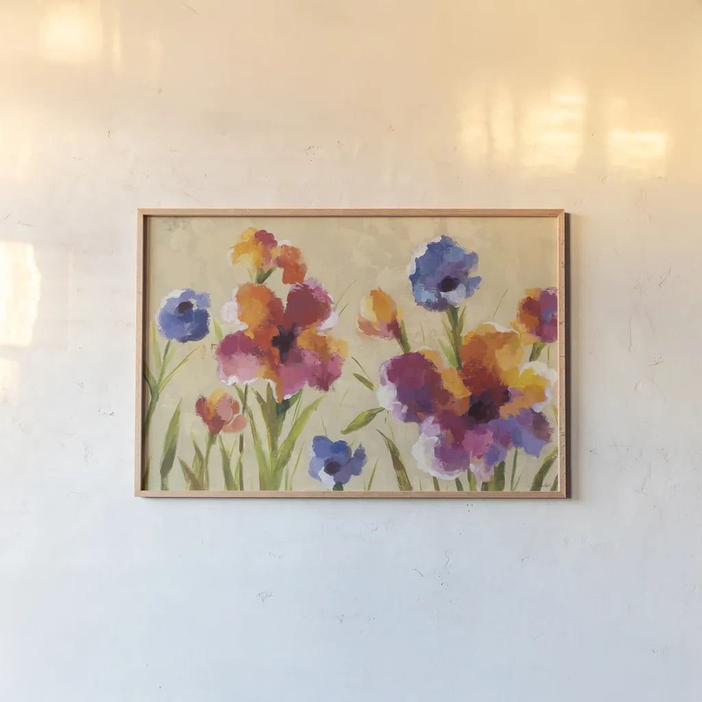Bold Bright Flowers I by Silvia Vassileva. shown as a paper print in a natural frame. Available as a archival giclee rolled canvas, fine art paper, or poster print. SKU 19031i.