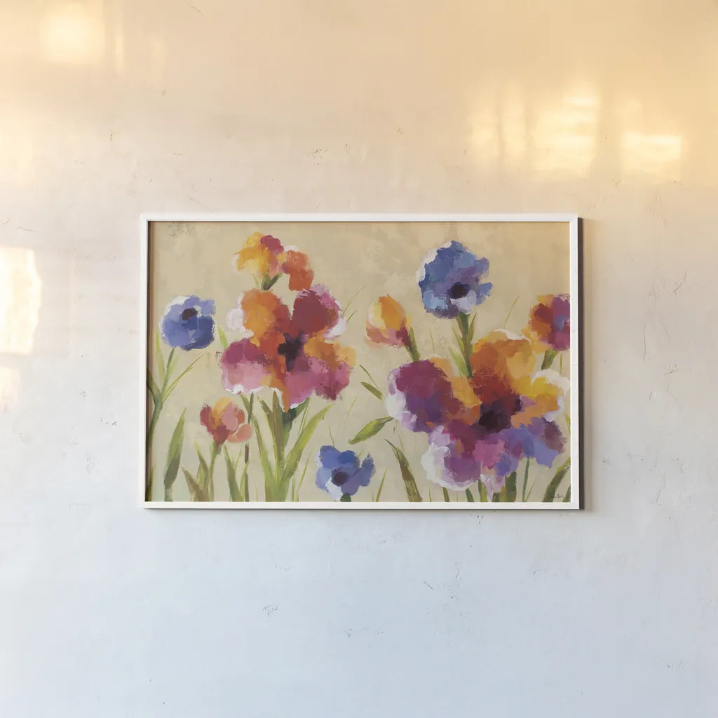 Bold Bright Flowers I by Silvia Vassileva. shown as a paper print in a white frame. Available as a archival giclee rolled canvas, fine art paper, or poster print. SKU 19031i.