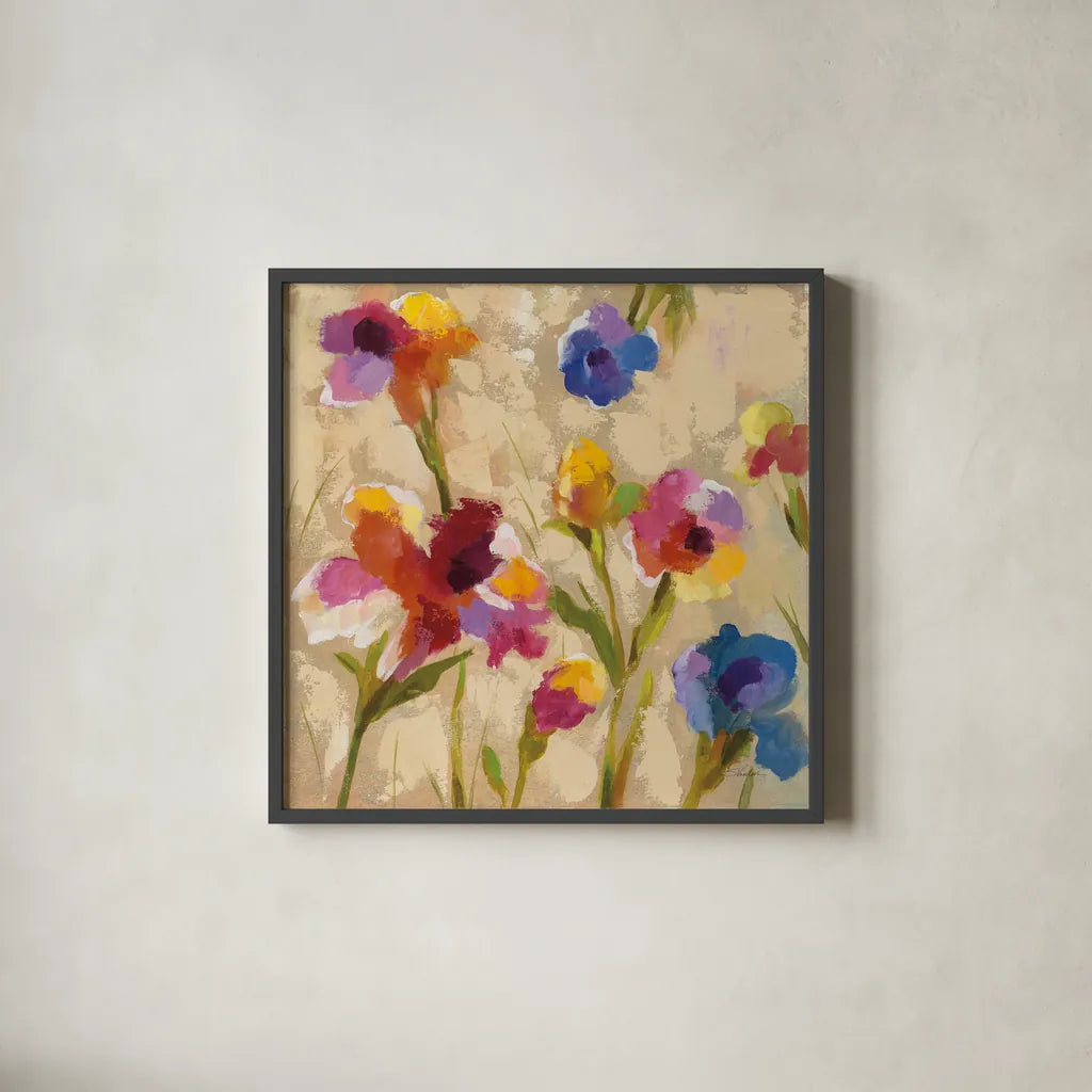Bold Bright Flowers II by Silvia Vassileva. Shown in a sleek black glass frame for a contemporary gallery look. Available as an archival giclee rolled canvas, fine art paper, or poster print. SKU 15160a.
