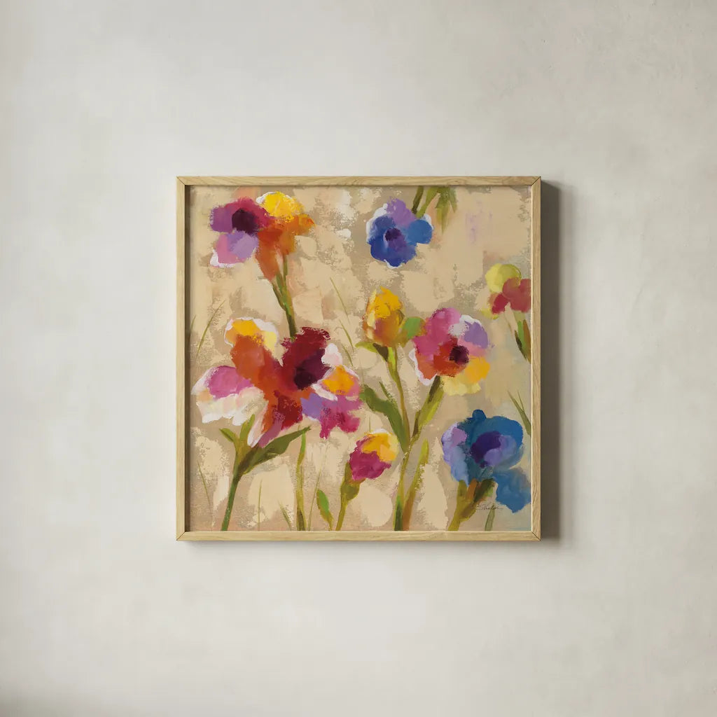 Bold Bright Flowers II by Silvia Vassileva. Shown in a natural wood glass frame for a timeless modern aesthetic. Available as an archival giclee rolled canvas, fine art paper, or poster print. SKU 15160a.