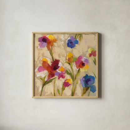 Bold Bright Flowers II by Silvia Vassileva. Shown in a natural wood glass frame for a timeless modern aesthetic. Available as an archival giclee rolled canvas, fine art paper, or poster print. SKU 15160a.