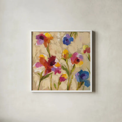 Bold Bright Flowers II by Silvia Vassileva. Shown in a crisp white glass frame for a clean and minimalist style. Available as an archival giclee rolled canvas, fine art paper, or poster print. SKU 15160a.