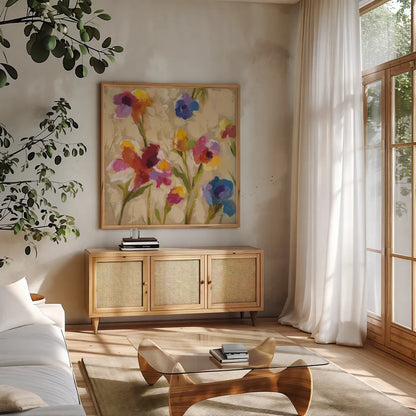 Bold Bright Flowers II by Silvia Vassileva. Shown in a natural wood frame in a cozy modern living room. Available as an archival giclee rolled canvas, fine art paper, or poster print. SKU 15160a.