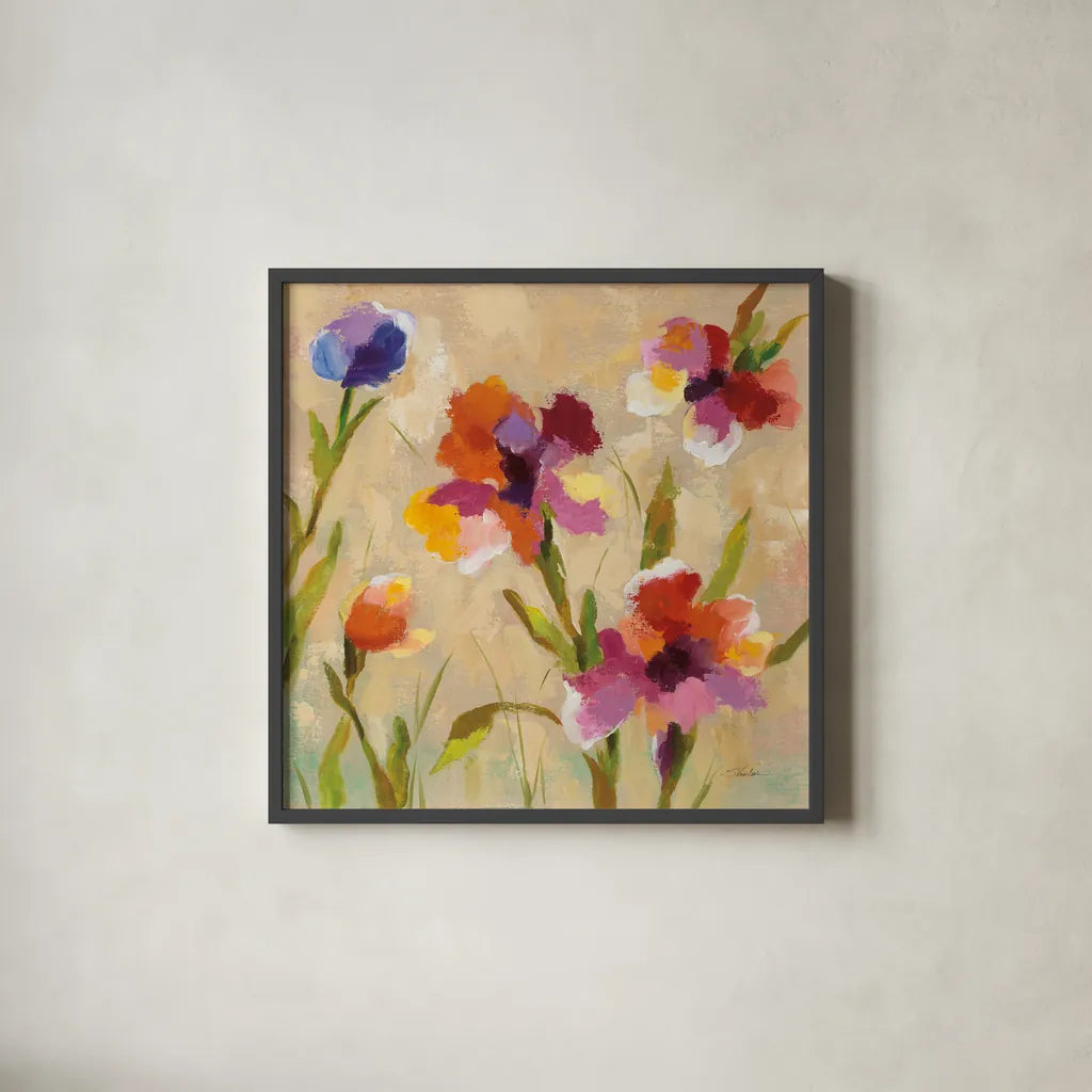 Bold Bright Flowers III by Silvia Vassileva. Shown in a sleek black glass frame for a contemporary gallery look. Available as an archival giclee rolled canvas, fine art paper, or poster print. SKU 15161a.