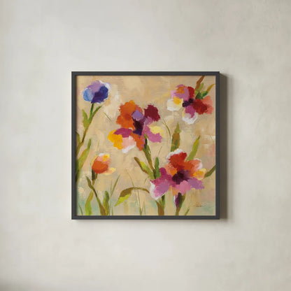 Bold Bright Flowers III by Silvia Vassileva. Shown in a sleek black glass frame for a contemporary gallery look. Available as an archival giclee rolled canvas, fine art paper, or poster print. SKU 15161a.