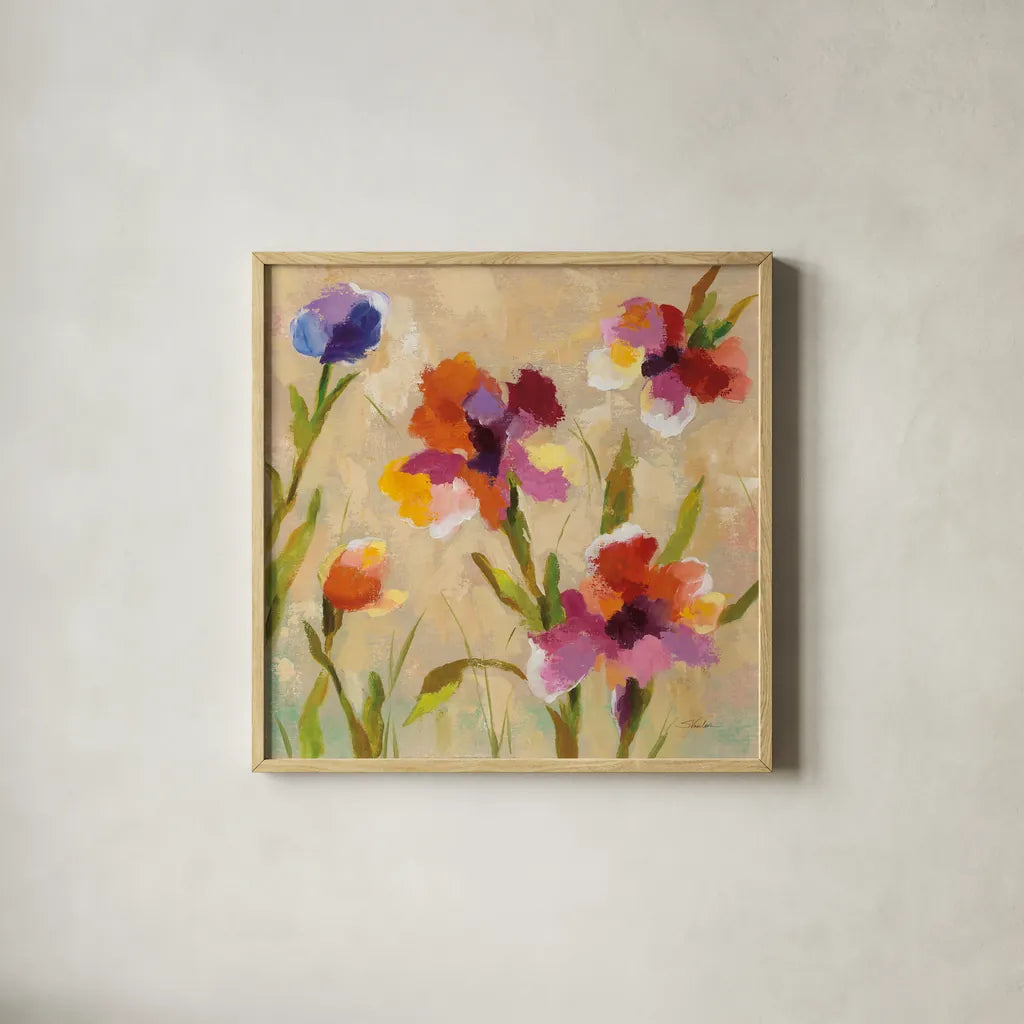Bold Bright Flowers III by Silvia Vassileva. Shown in a natural wood glass frame for a timeless modern aesthetic. Available as an archival giclee rolled canvas, fine art paper, or poster print. SKU 15161a.