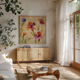 Bold Bright Flowers III by Silvia Vassileva. Shown in a natural wood frame in a cozy modern living room. Available as an archival giclee rolled canvas, fine art paper, or poster print. SKU 15161a.
