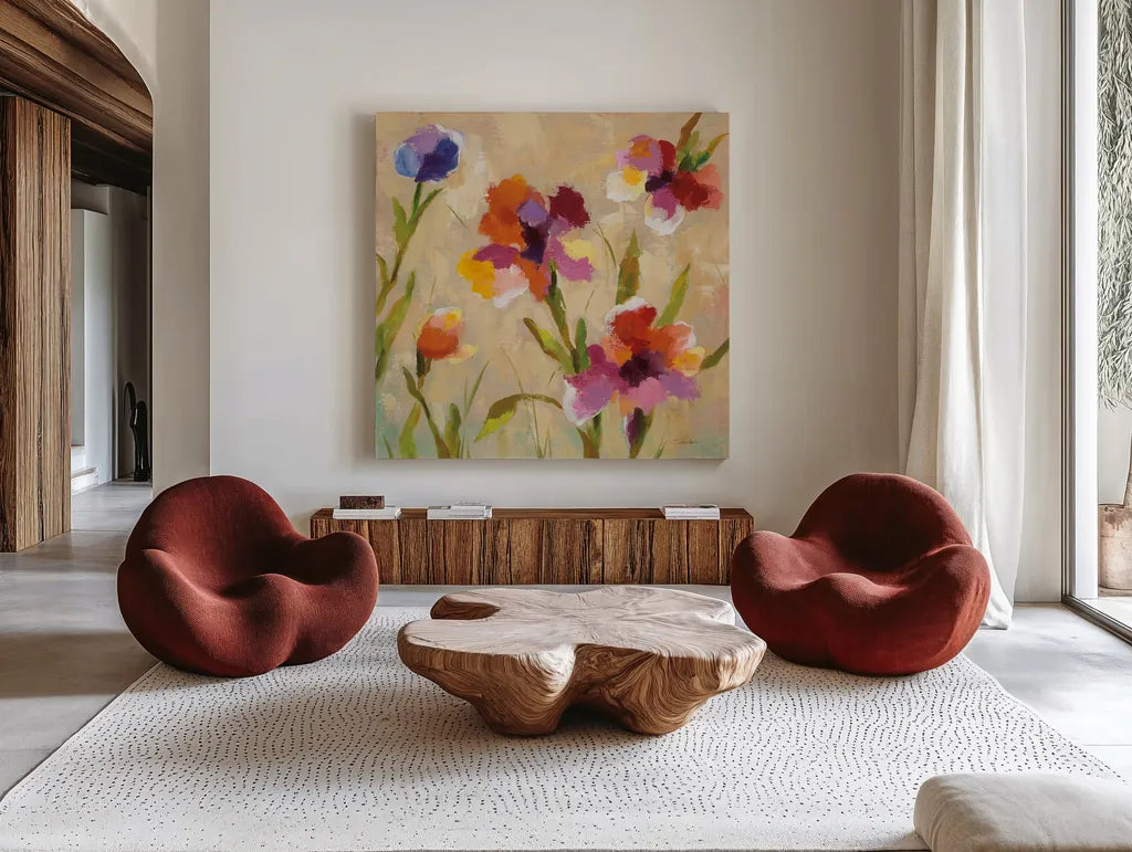 Bold Bright Flowers III by Silvia Vassileva. Shown as extra-large giant wall art in a modern living room. Available as an archival giclee rolled canvas, fine art paper, or poster print. SKU 15161a.