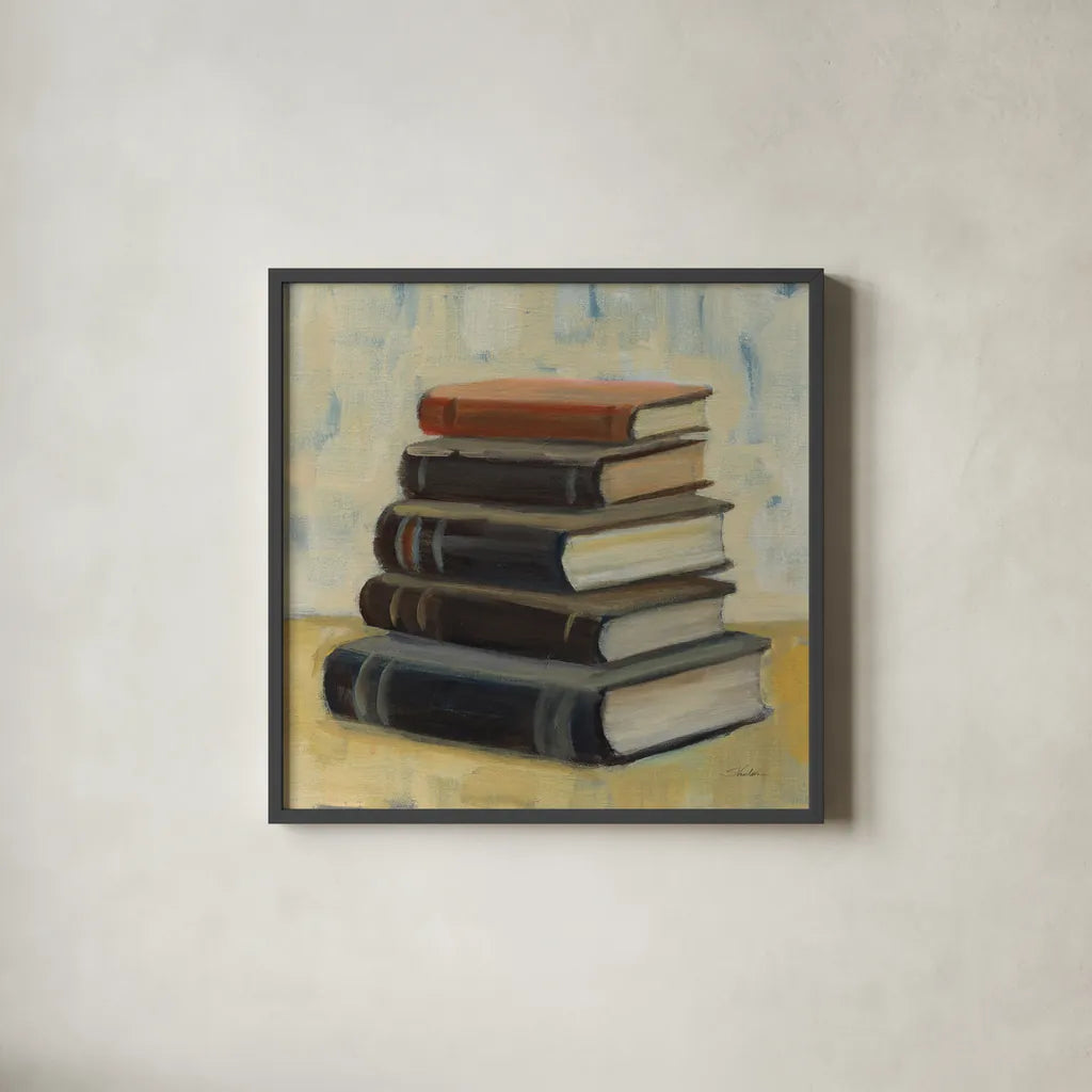 Books on the Porch I Sq by Silvia Vassileva. Shown in a sleek black glass frame for a contemporary gallery look. Available as an archival giclee rolled canvas, fine art paper, or poster print. SKU 99048a.