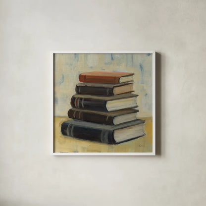 Books on the Porch I Sq by Silvia Vassileva. Shown in a crisp white glass frame for a clean and minimalist style. Available as an archival giclee rolled canvas, fine art paper, or poster print. SKU 99048a.