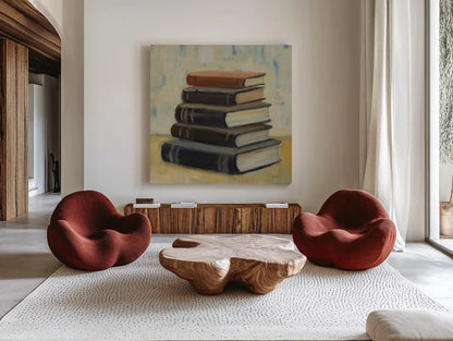 Books on the Porch I Sq by Silvia Vassileva. Shown as extra-large giant wall art in a modern living room. Available as an archival giclee rolled canvas, fine art paper, or poster print. SKU 99048a.