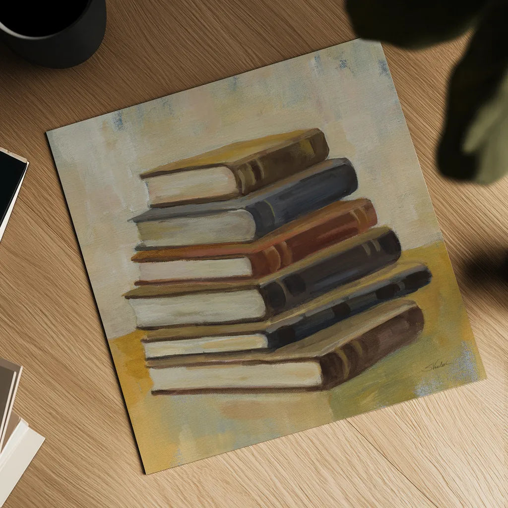 Books on the Porch II Sq by Silvia Vassileva. Shown as a detailed flat fine art print, highlighting archival giclee quality. Available as an archival giclee rolled canvas, fine art paper, or poster print. SKU 99049a.
