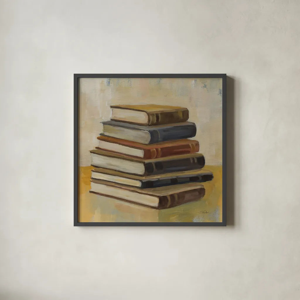 Books on the Porch II Sq by Silvia Vassileva. Shown in a sleek black glass frame for a contemporary gallery look. Available as an archival giclee rolled canvas, fine art paper, or poster print. SKU 99049a.