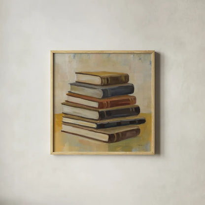 Books on the Porch II Sq by Silvia Vassileva. Shown in a natural wood glass frame for a timeless modern aesthetic. Available as an archival giclee rolled canvas, fine art paper, or poster print. SKU 99049a.