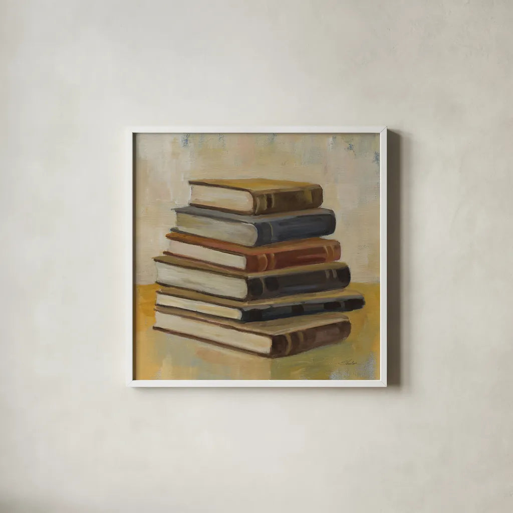 Books on the Porch II Sq by Silvia Vassileva. Shown in a crisp white glass frame for a clean and minimalist style. Available as an archival giclee rolled canvas, fine art paper, or poster print. SKU 99049a.