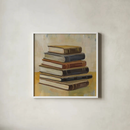 Books on the Porch II Sq by Silvia Vassileva. Shown in a crisp white glass frame for a clean and minimalist style. Available as an archival giclee rolled canvas, fine art paper, or poster print. SKU 99049a.