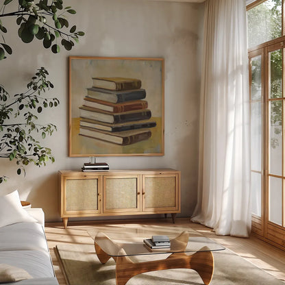 Books on the Porch II Sq by Silvia Vassileva. Shown in a natural wood frame in a cozy modern living room. Available as an archival giclee rolled canvas, fine art paper, or poster print. SKU 99049a.