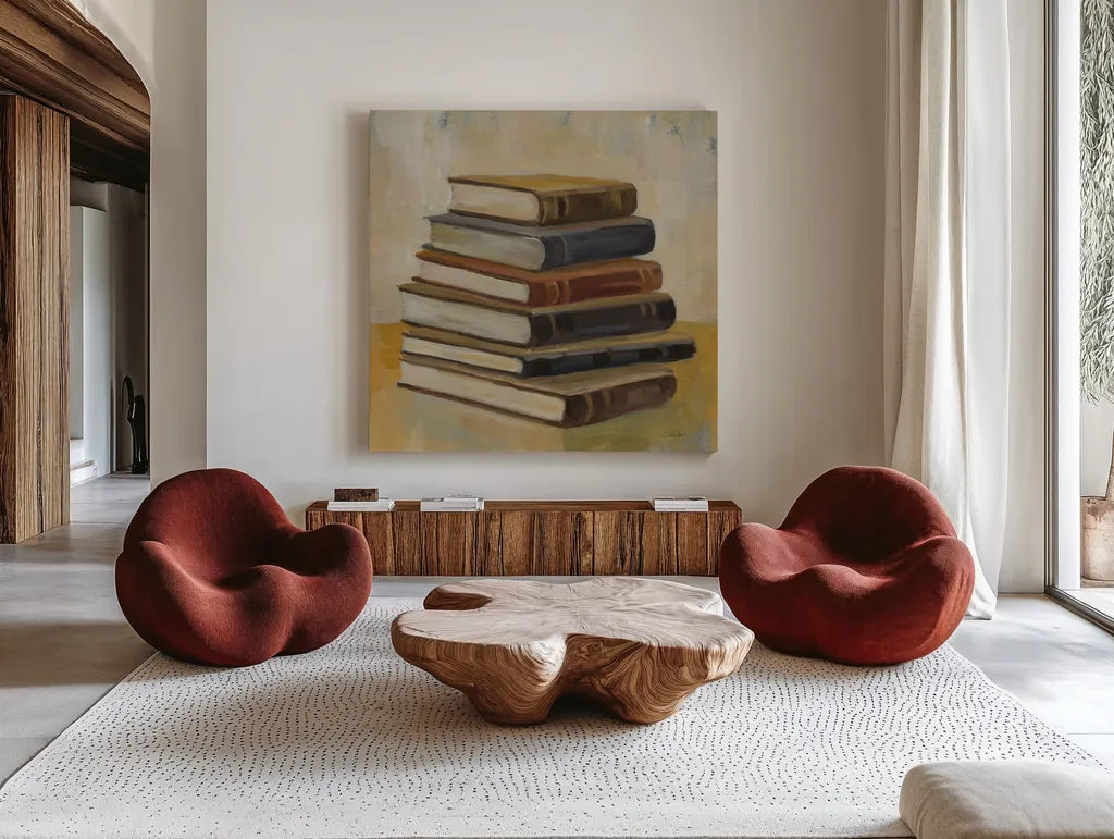 Books on the Porch II Sq by Silvia Vassileva. Shown as extra-large giant wall art in a modern living room. Available as an archival giclee rolled canvas, fine art paper, or poster print. SKU 99049a.