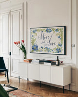 Botanical Blue III by Silvia Vassileva. shown as a framed stretched canvas in a living room above a console. Available as a archival giclee rolled canvas, fine art paper, or poster print. SKU 61781i.