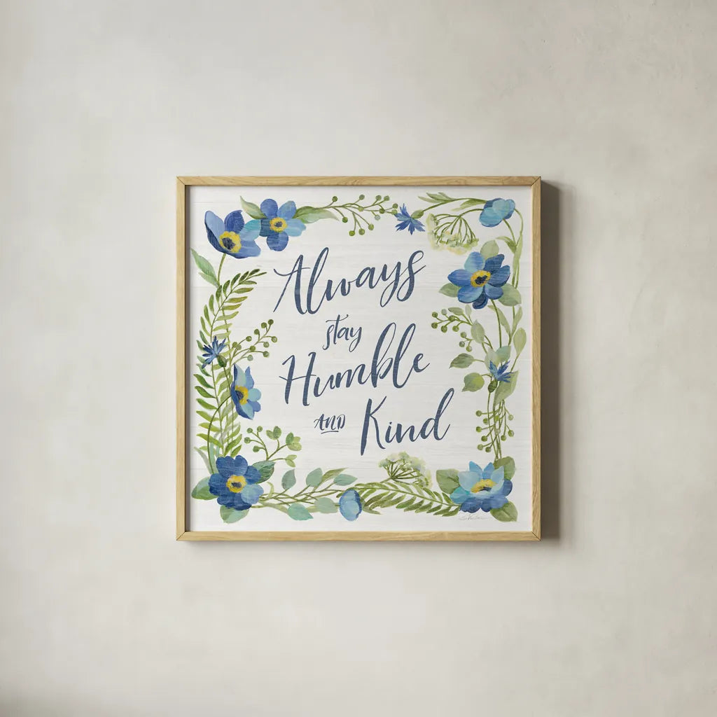 Botanical Blue IV by Silvia Vassileva. Shown in a natural wood glass frame for a timeless modern aesthetic. Available as an archival giclee rolled canvas, fine art paper, or poster print. SKU 61782a.