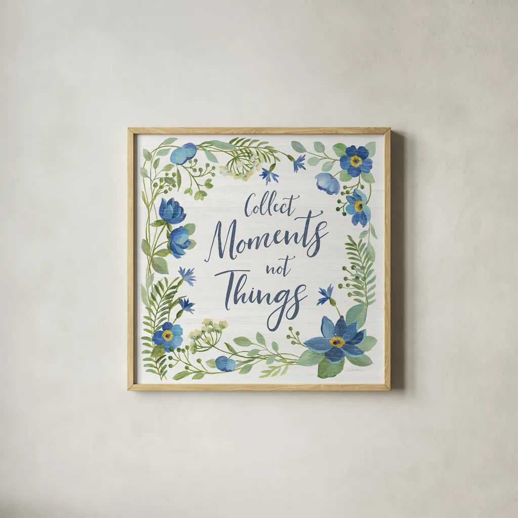 Botanical Blue V by Silvia Vassileva. Shown in a natural wood glass frame for a timeless modern aesthetic. Available as an archival giclee rolled canvas, fine art paper, or poster print. SKU 61783a.