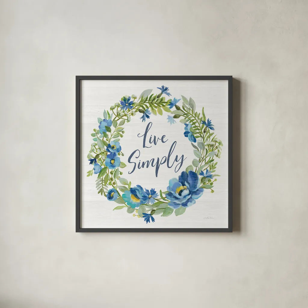 Botanical Blue VI by Silvia Vassileva. Shown in a sleek black glass frame for a contemporary gallery look. Available as an archival giclee rolled canvas, fine art paper, or poster print. SKU 61784a.