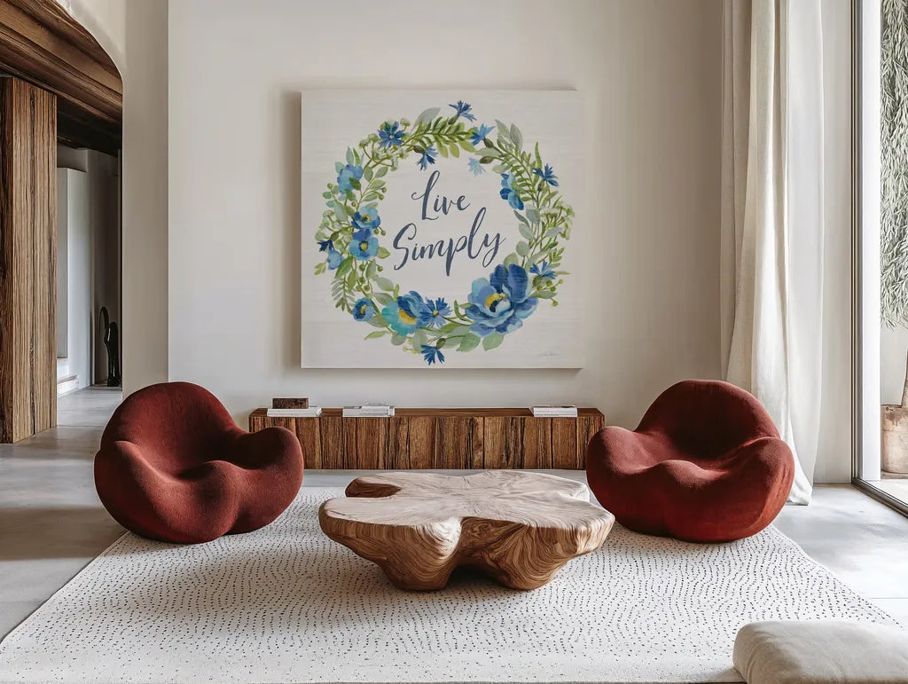 Botanical Blue VI by Silvia Vassileva. Shown as extra-large giant wall art in a modern living room. Available as an archival giclee rolled canvas, fine art paper, or poster print. SKU 61784a.