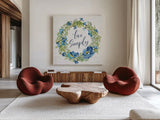 Botanical Blue VI by Silvia Vassileva. Shown as extra-large giant wall art in a modern living room. Available as an archival giclee rolled canvas, fine art paper, or poster print. SKU 61784a.
